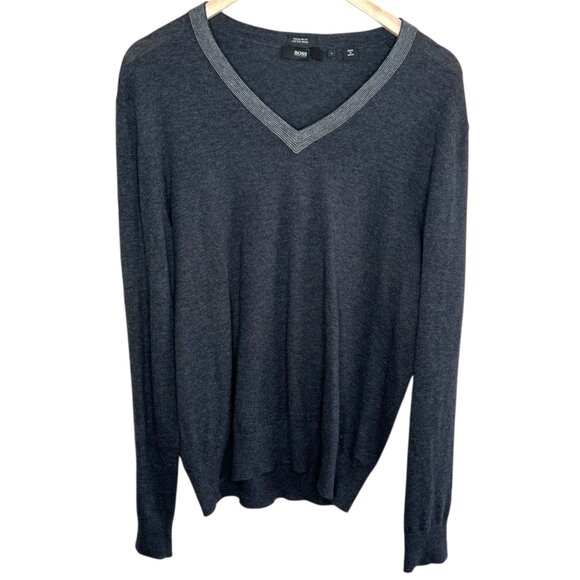 Boss Hugo Boss Mens Dark Gray V-Neck Cotton Wool Blend Pull Over Sweater Large - Picture 1 of 9